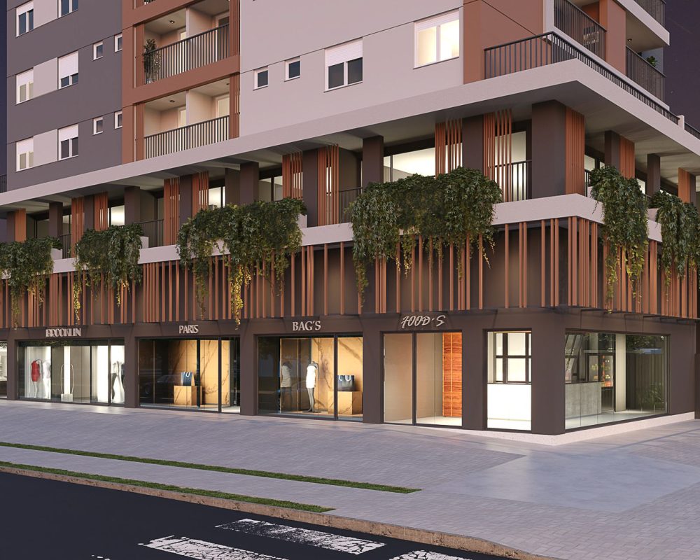 Fachada Detalhe Lojas - Simulação Entardecer