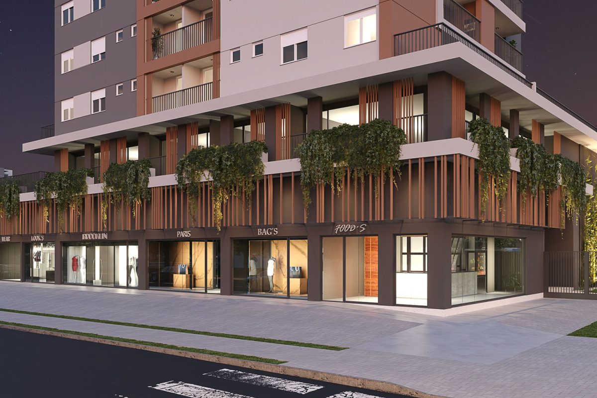 Fachada Detalhe Lojas - Simulação Entardecer